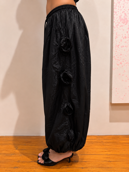Pant Black Nylon Rosette Wide Leg