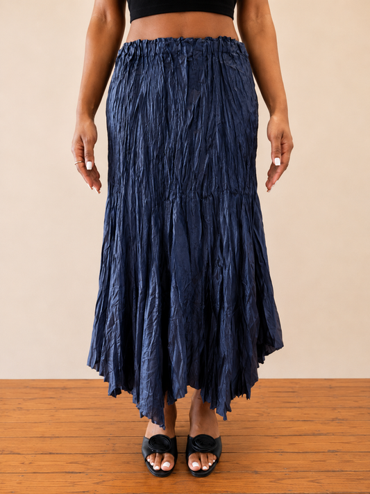 Skirt Midnight Blue Distressed Hem Silken Crinkle -One Size