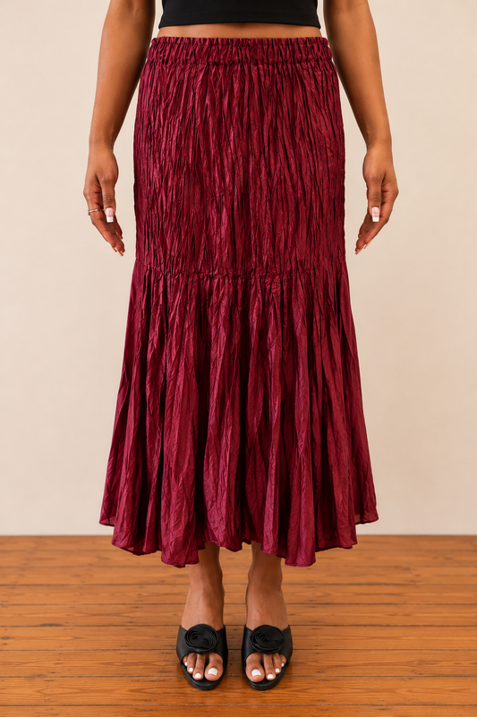 Skirt Burgundy Distressed Hem Silken Crinkle -One Size