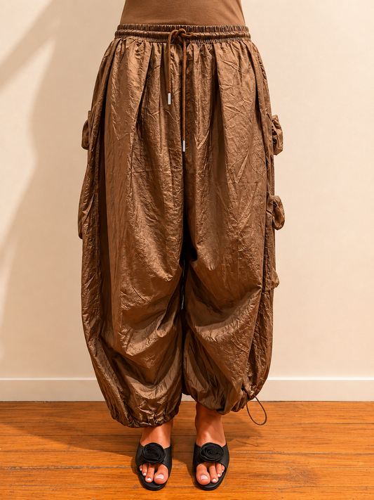 Pant Brown Nylon Rosette Wide Leg