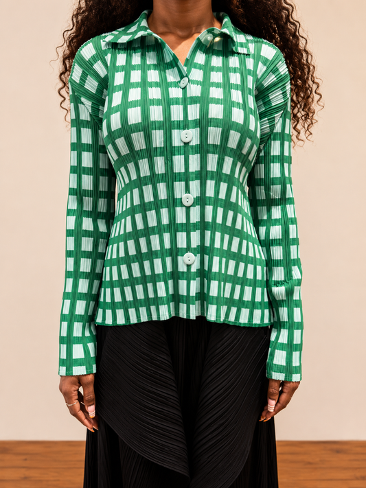 Squares Printed Button Pleated Top - One Size