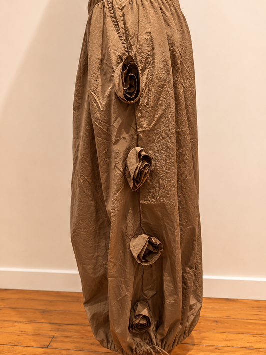 Pant Brown Nylon Rosette Wide Leg