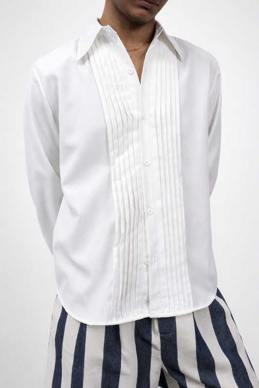 Top White Tuxedo Pleated Button Down