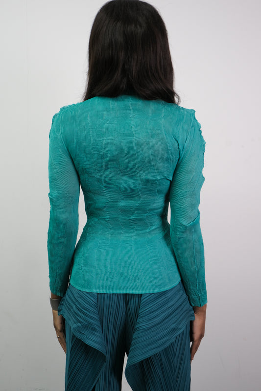 Top Turquoise Sheer Silk Long Sleeve Pleated One Size