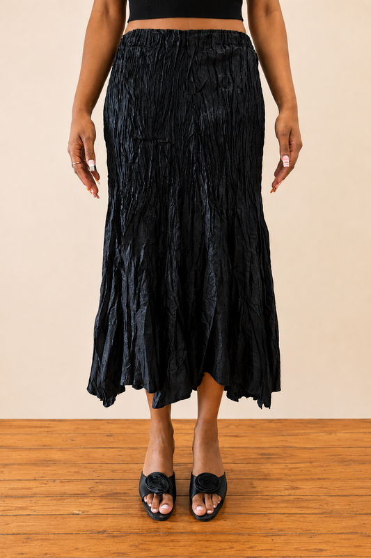Skirt Black Distressed Hem Silken Crinkle -One Size