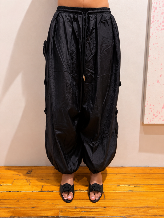 Pant Black Nylon Rosette Wide Leg