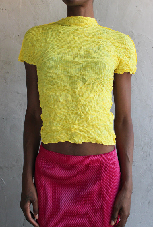 Top Yellow Crinkle Pleated Short Sleeve Tee - One Size
