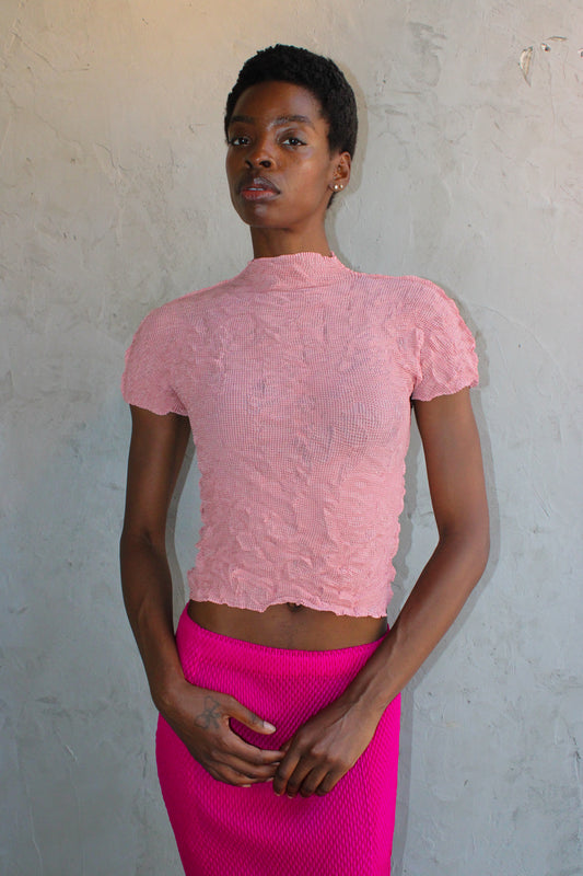 Top Pink Crinkle Pleated Short Sleeve Tee