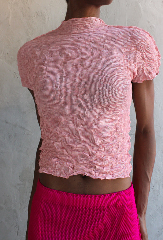 Top Pink Crinkle Pleated Short Sleeve Tee