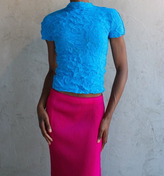 Top Blue Crinkle Pleated Short Sleeve Tee