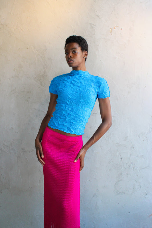 Top Blue Crinkle Pleated Short Sleeve Tee