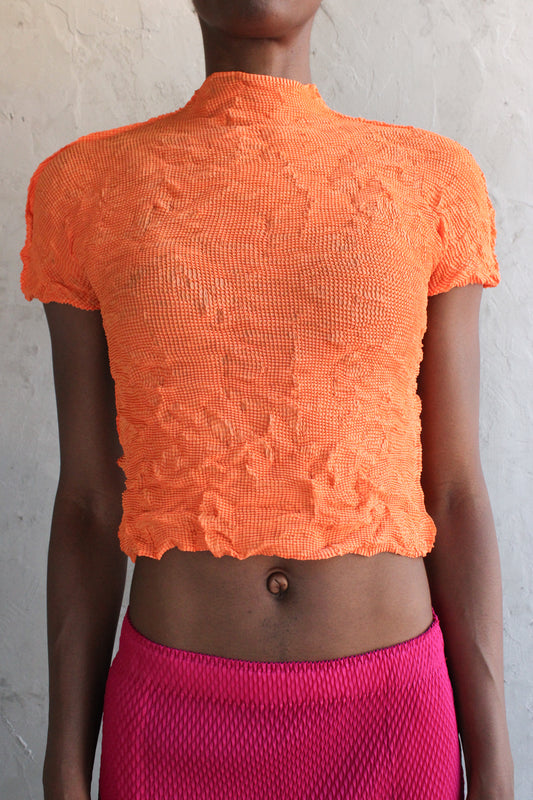 Top Orange Crinkle Pleated Short Sleeve Tee