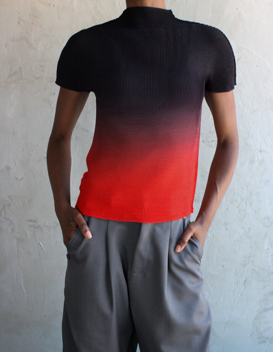 Top Black to Red Ombre Pleated Tee