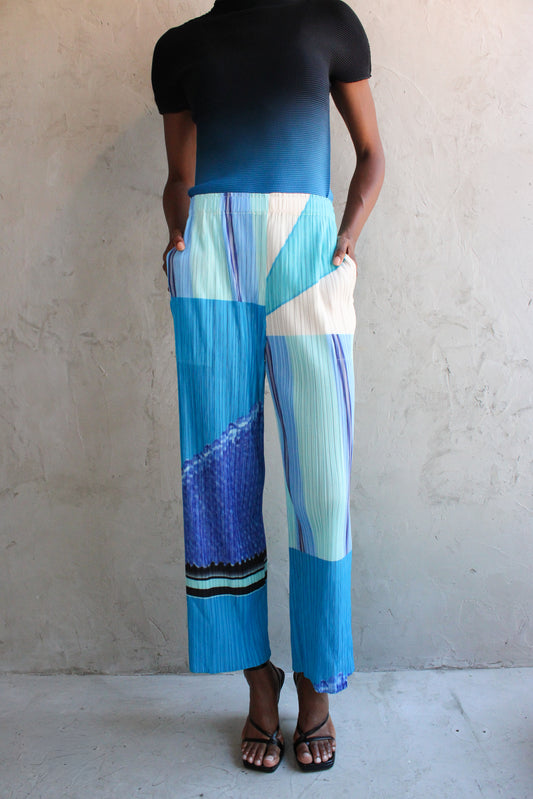 Pant Blue Pleated Abstract Print