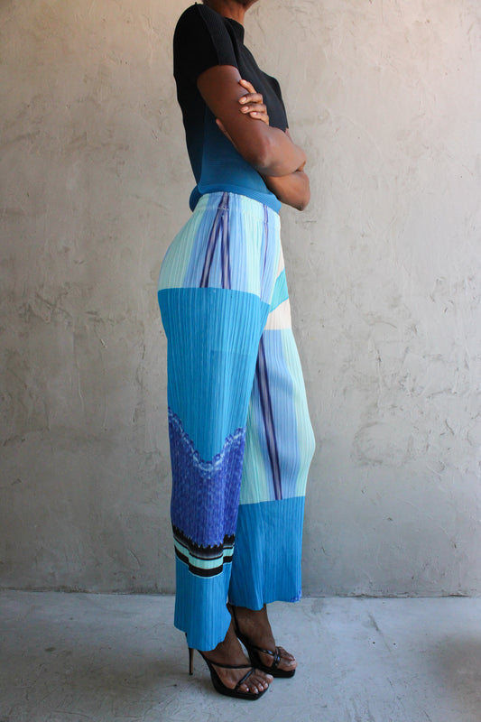 Pant Blue Pleated Abstract Print
