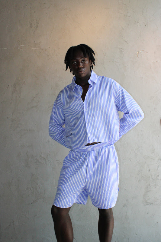 Set Blue and White Striped Button Down/Shorts