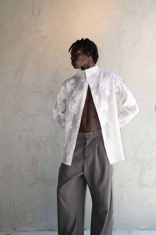 Top Sheer Floral White Oversized Printed Motif
