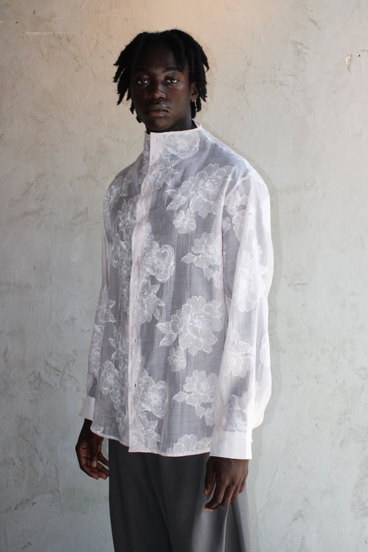 Top Sheer Floral White Oversized Printed Motif