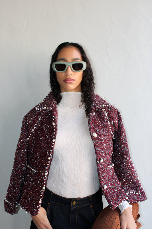 Blazer Tweed Wine Pearl Detail LS