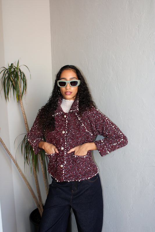 Blazer Tweed Wine Pearl Detail LS