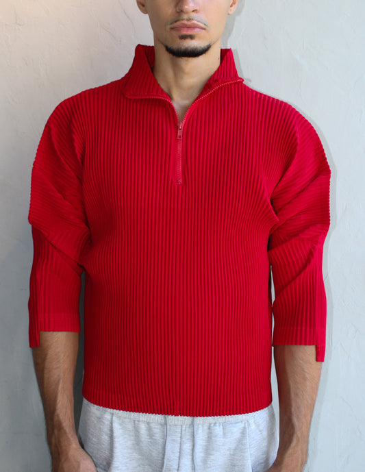Top Red Quarter Zip Up Pleated One Size