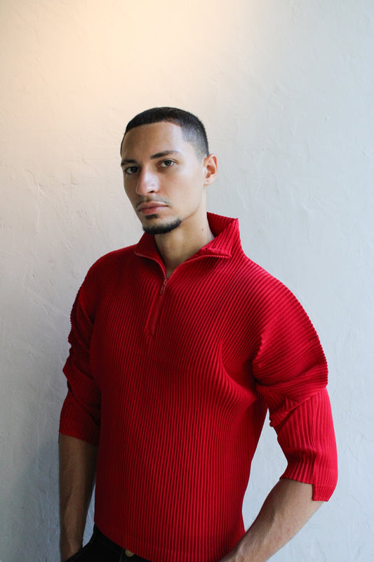 Top Red Quarter Zip Up Pleated One Size