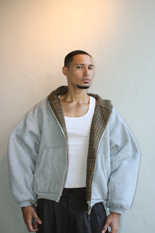 Hoodie Gray/Brown Plaid Oversized Reversible Zip Up