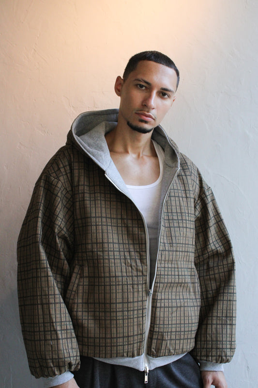 Hoodie Gray/Brown Plaid Oversized Reversible Zip Up