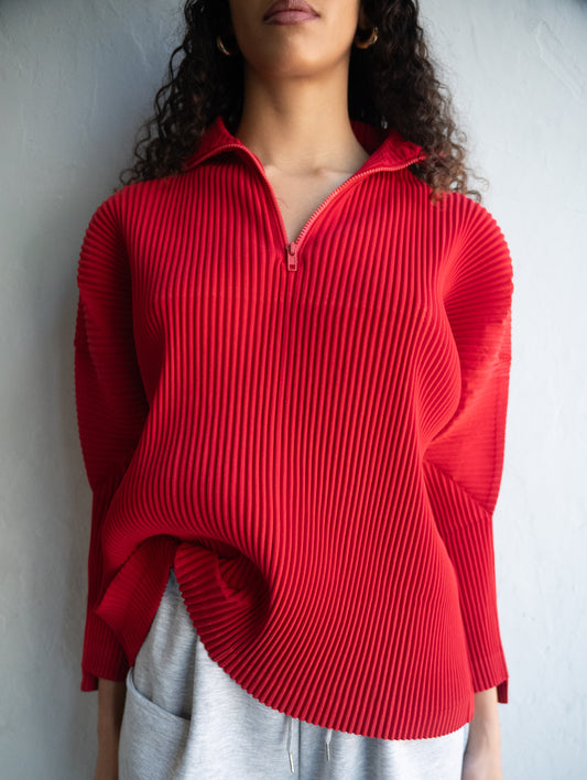 Top Red Quarter Zip Up Pleated One Size