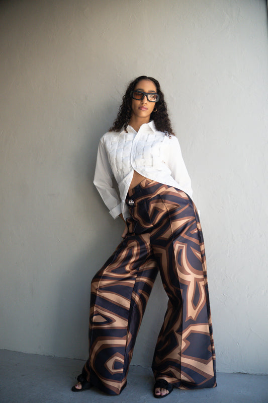 Pant Brown Wide Leg Groovy Print