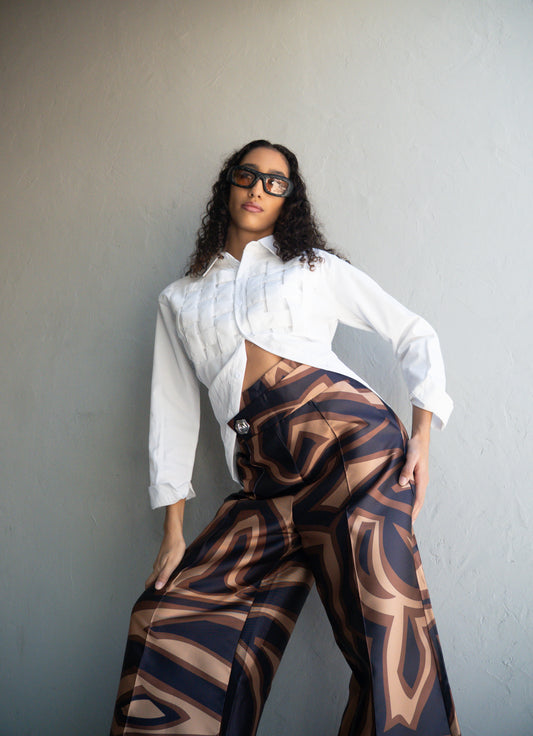 Pant Brown Wide Leg Groovy Print