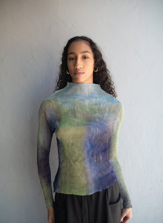 Top Blue/Green Pleated Long Sleeve One Size