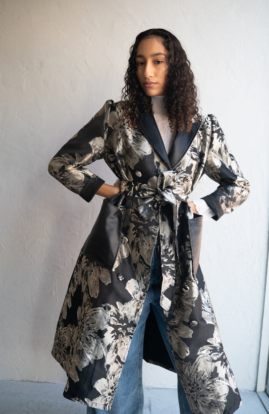 Jacket Blazer Black Floral Belted Leather Detail