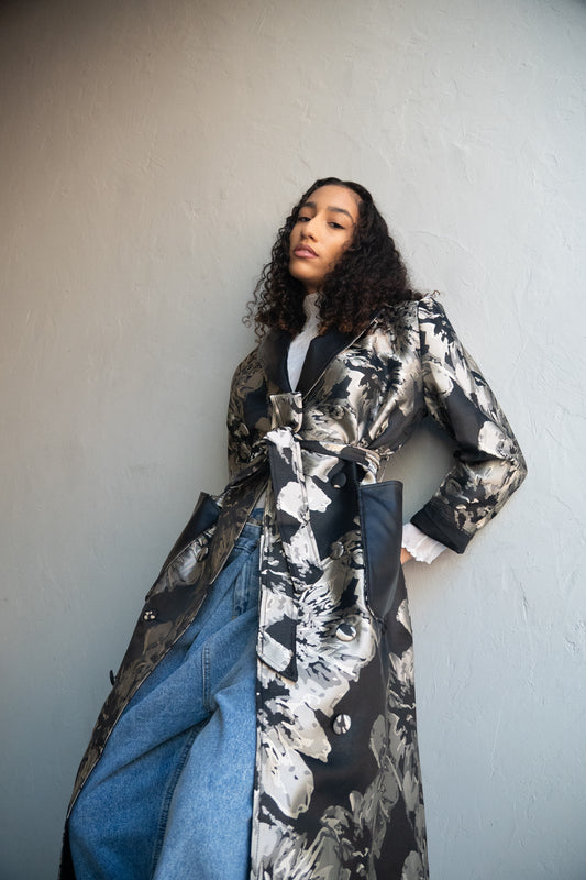 Jacket Blazer Black Floral Belted Leather Detail
